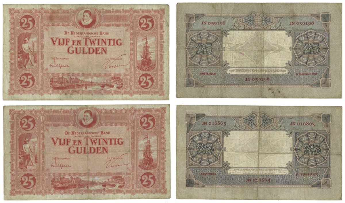 Nederland. lot 2 bankbiljetten 25 Gulden. Bankbiljetten. Type 1930. Type Willem van Oranje. - Zeer Fraai.