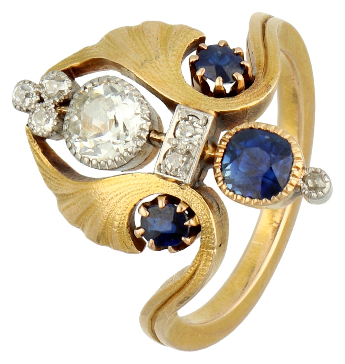 Gouden/platina ring bezet met diamant en synthetisch saffier