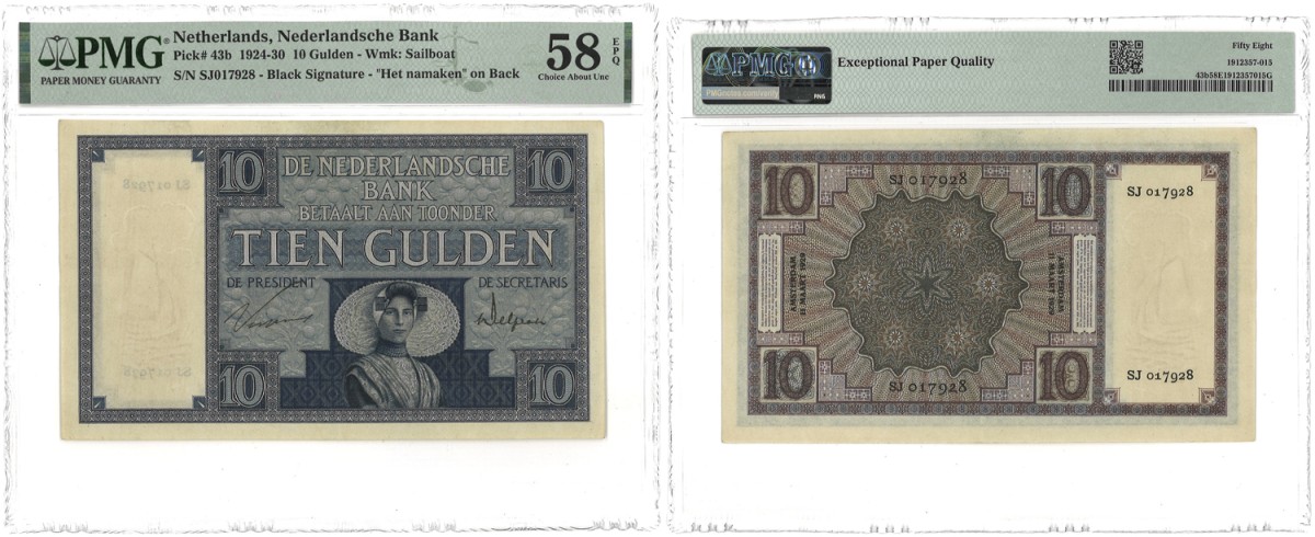 Nederland. 10 Gulden. Bankbiljet. Type 1924-1930. Type Zeeuws Meisje. - PMG 58EPQ