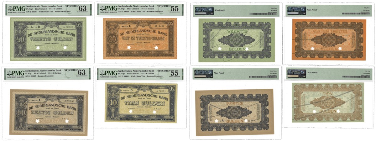 Nederland. Lot 4 Specimen biljetten. Bankbiljetten. Type 1914. Type Specimen Set. - PMG 55 - PMG 63