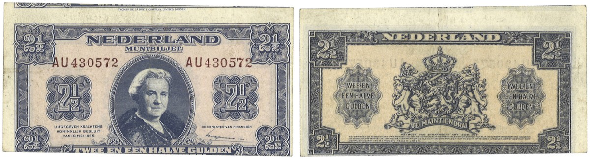 Nederland. 2 1/2 Gulden. Misdruk. Type 1945. - Prachtig.