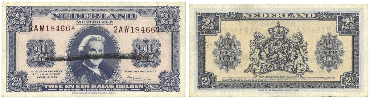 Nederland. 2 1/2 Gulden. Misdruk. Type 1945. - Prachtig.