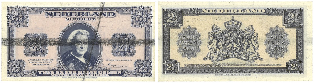 Nederland. 2 1/2 Gulden. Misdruk. Type 1945. - About UNC.