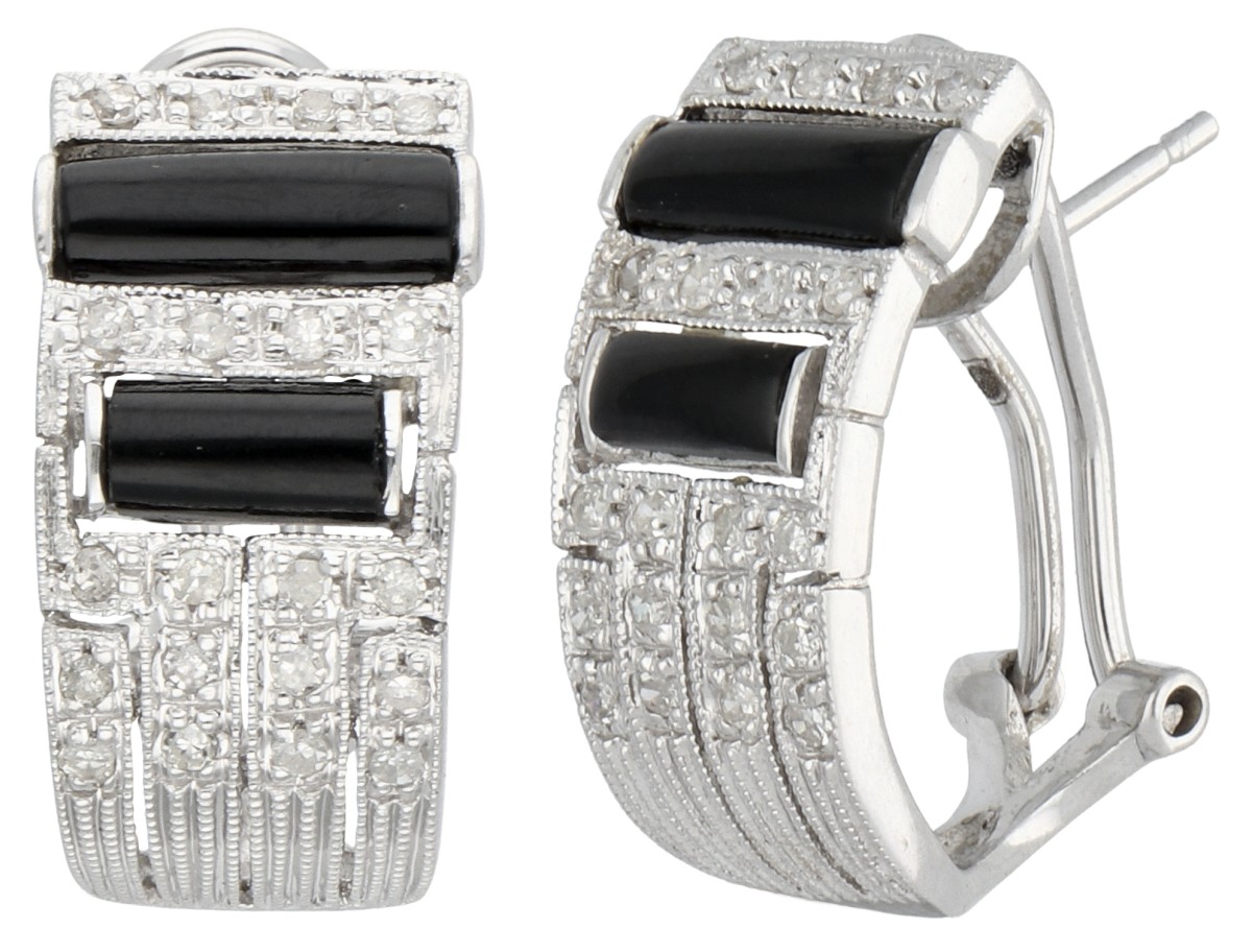 14K witgouden Art Deco creolen bezet met diamant en onyx