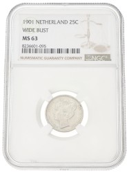 25 Cent. Wilhelmina. 1901 - Wide bust. MS 63