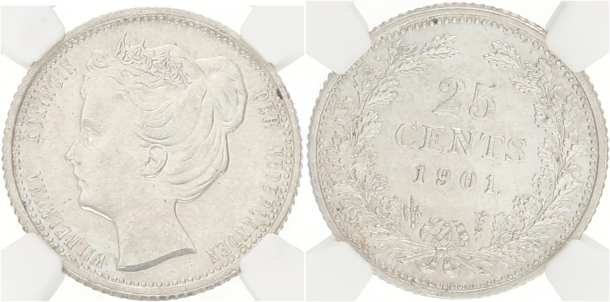 25 Cent. Wilhelmina. 1901 - Wide bust. MS 63