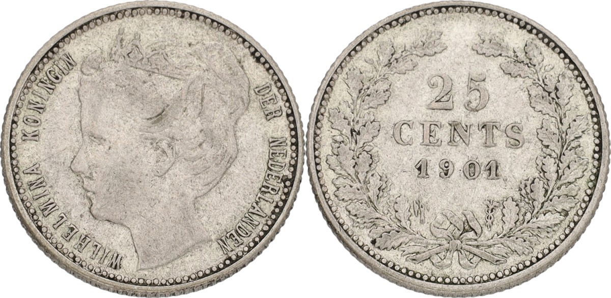 Goudwisselkantoor auction: 25 Cent. Wilhelmina. 1901. Wide bust. VF / XF