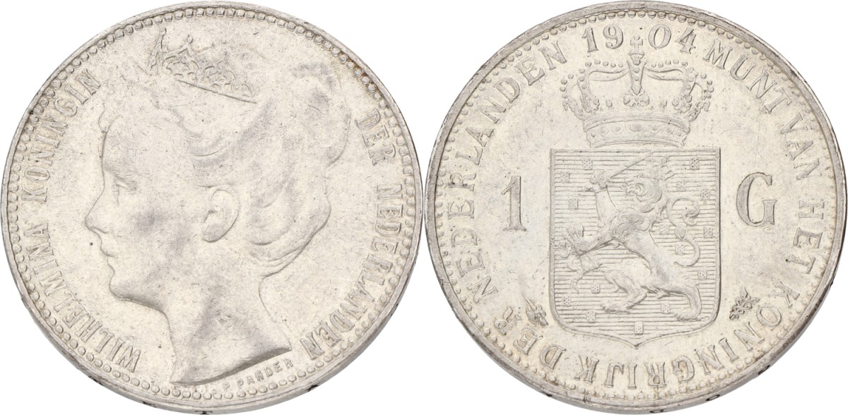 1 Gulden. Wilhelmina. 1904. XF +
