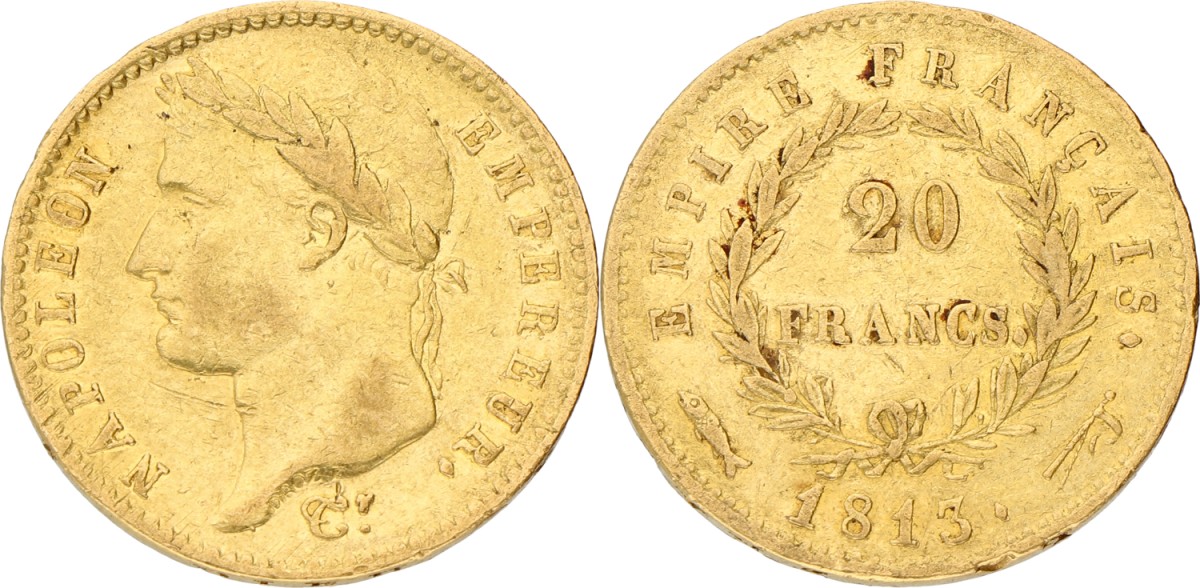 20 Francs. Napoleon. 1813 Fish. VF