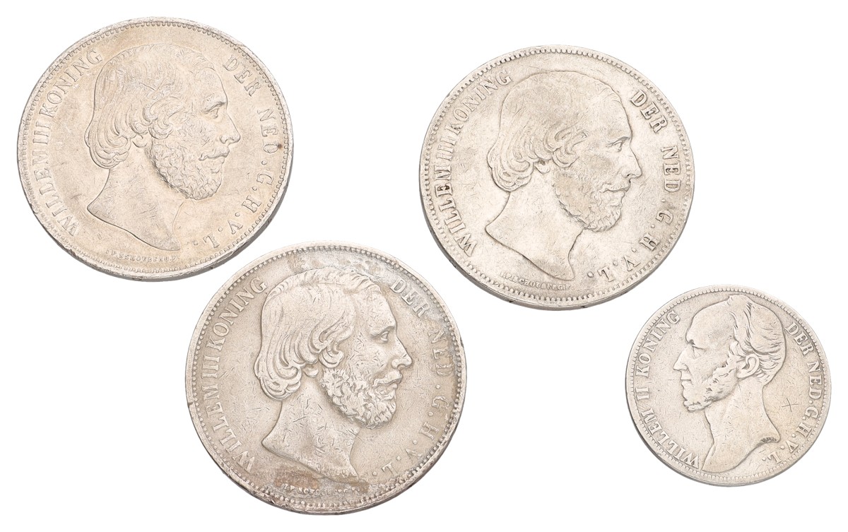 Lot (4) 1 & 2½ Gulden. Willem II & III. Average VF