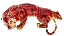 18K geelgouden tijger broche met emaille en synthetische robijnen