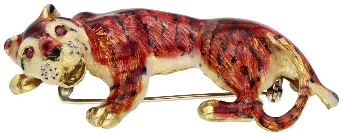 18K geelgouden tijger broche met emaille en synthetische robijnen
