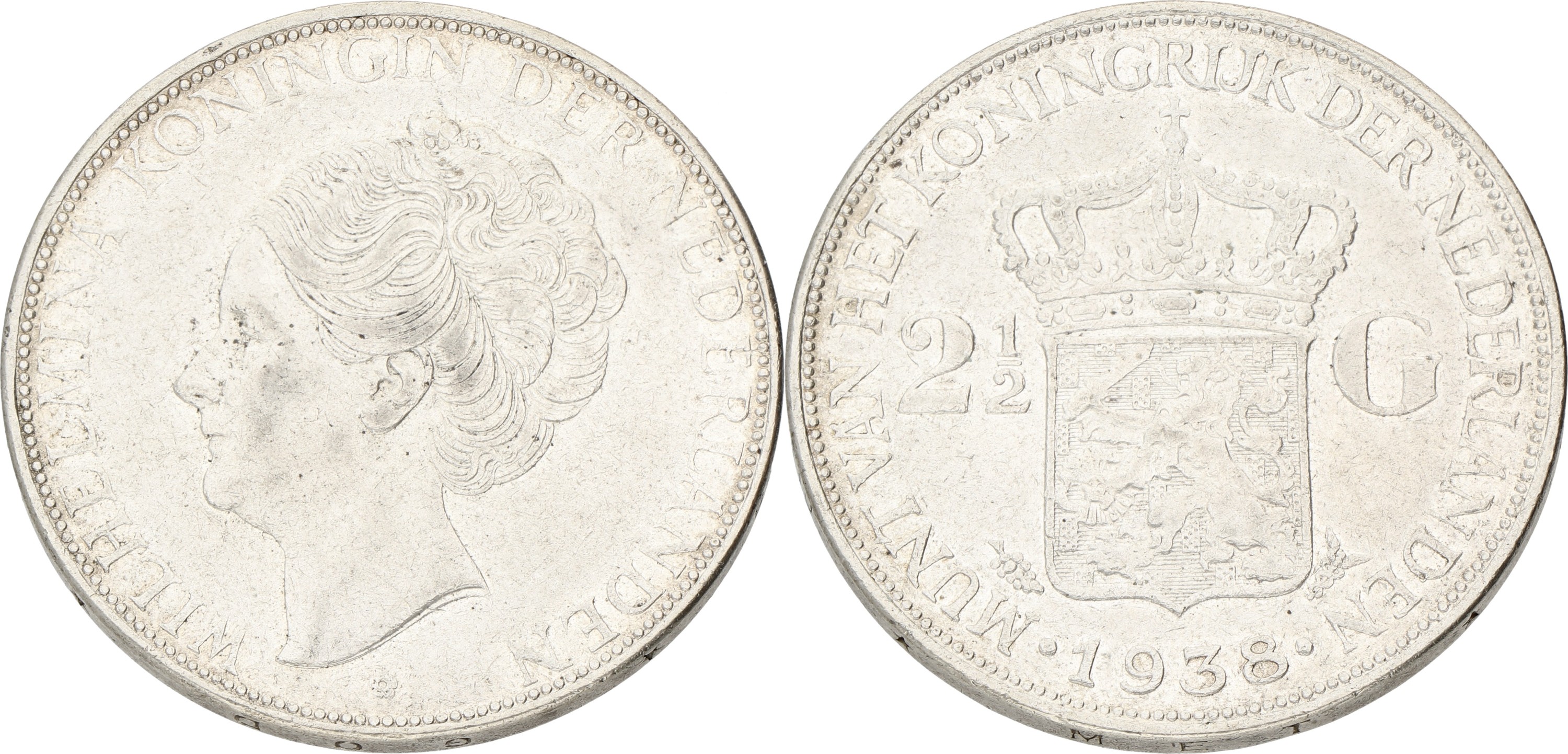 2½ Gulden. Wilhelmina. 1938. Wide hairlines. VF / XF