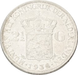 2½ Gulden. Wilhelmina. 1938. Wide hairlines. VF / XF