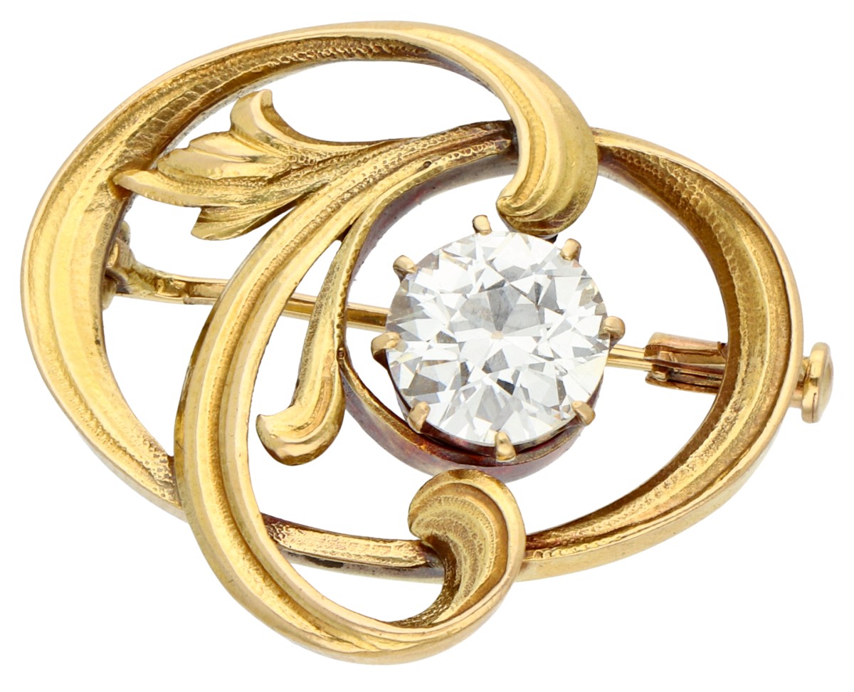 18K geelgouden art nouveau broche bezet met ca. 1.8 ct. diamant