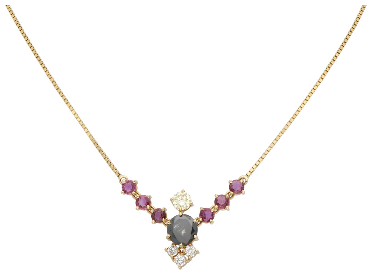 18K geelgouden collier met zwarte diamant en robijnen