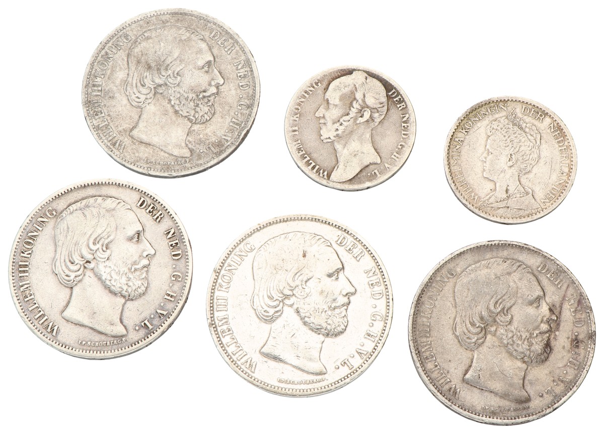 Lot (6) mixed lot. Willem II & III, Wilhelmina. 19th century. Average VF.
