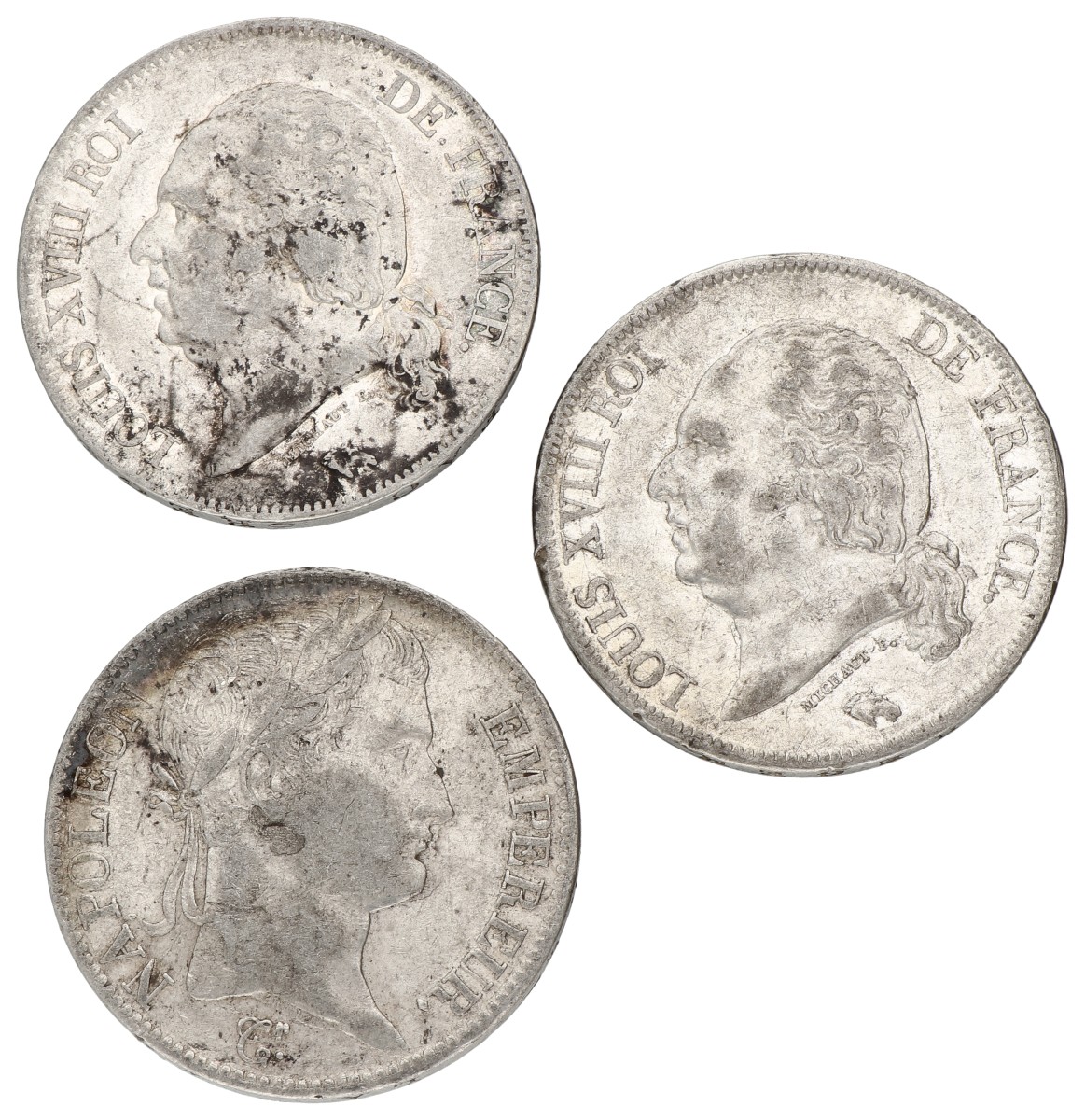 Goudwisselkantoor auction: France. Napoleon & Louis XVIII. Lot (3) 5 Francs. Average VF