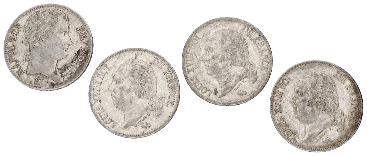 Goudwisselkantoor auction: France. Napoleon & Louis XVIII. Lot (4) 5 Francs. Average VF
