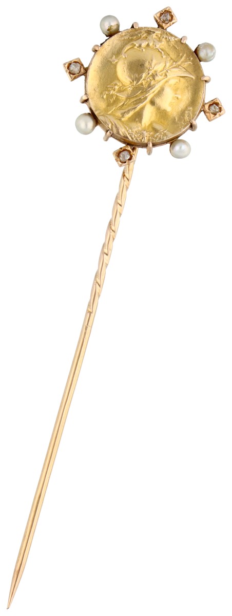 14K geelgouden Art Nouveau speld bezet met zaadparels en diamant