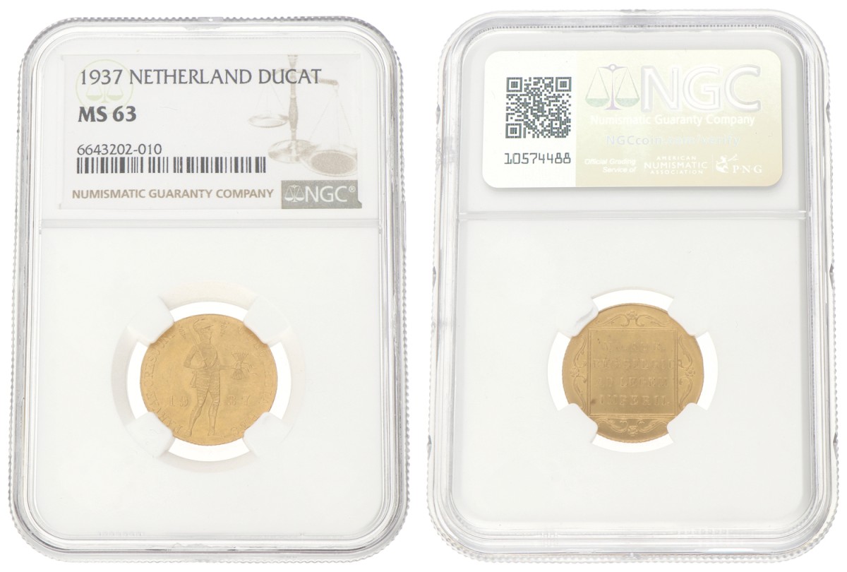 Goudwisselkantoor auction: Gouden Dukaat. Wilhelmina. 1937. NGC graded. MS 63