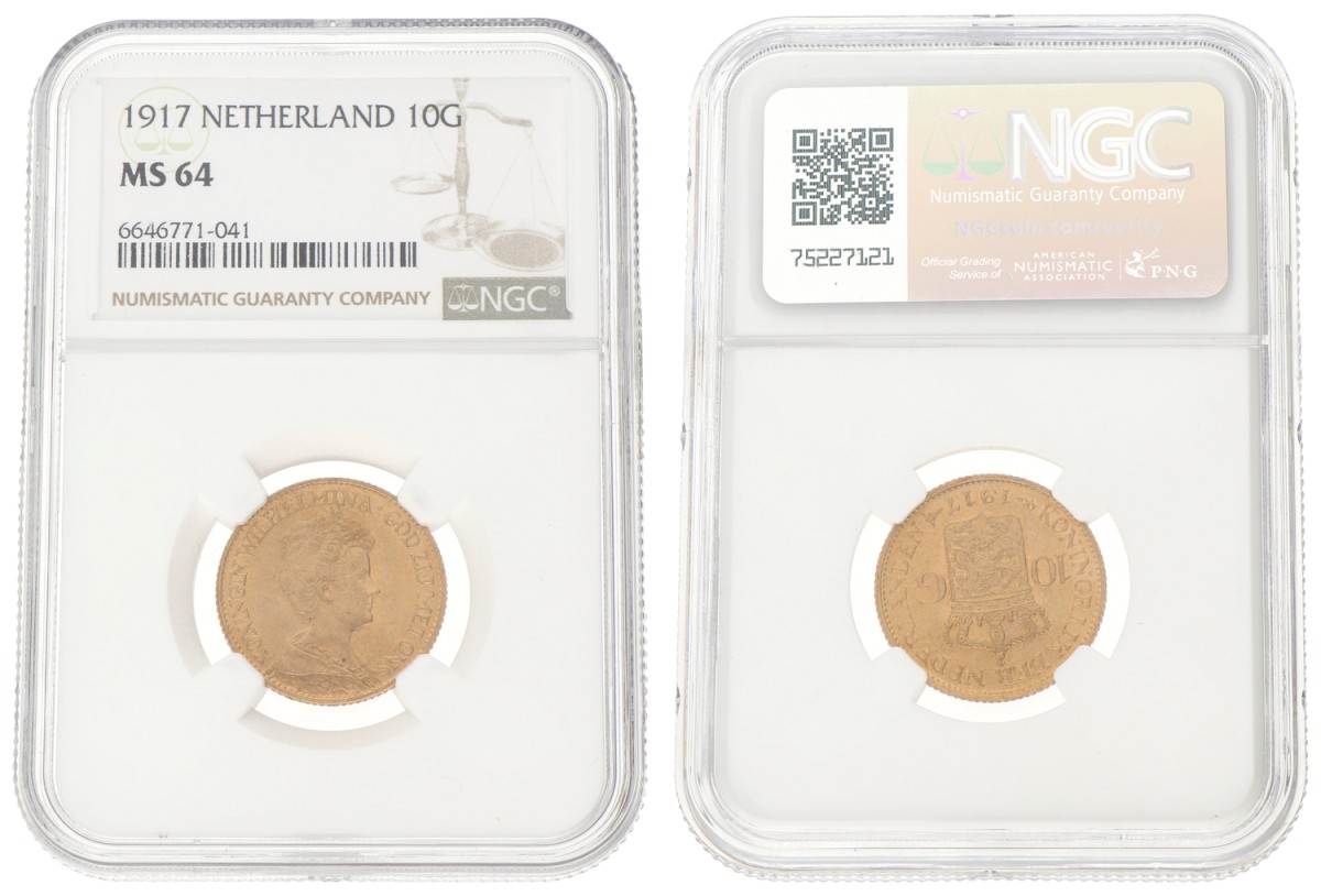 Goudwisselkantoor auction: 10 Gulden. Wilhelmina. 1917. NGC graded. MS 64