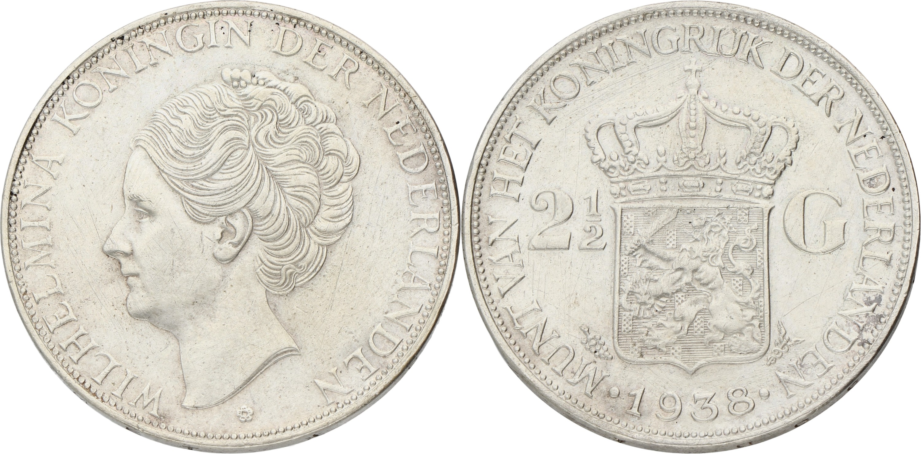Goudwisselkantoor auction: 2½ Gulden. Wilhelmina. 1938. Wide hairlines. XF +.