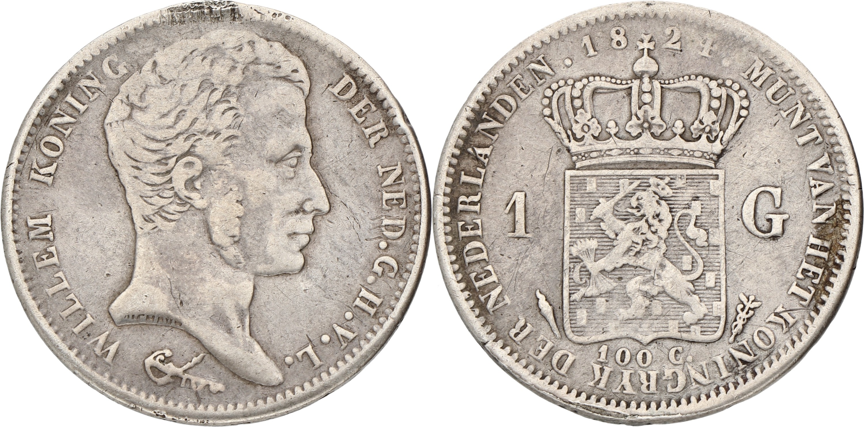 Goudwisselkantoor auction: 1 Gulden. Willem I. 1821. F / VF.