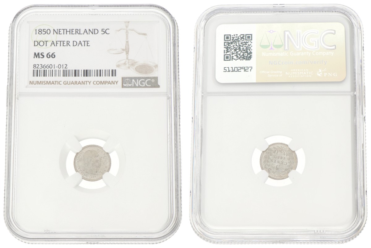 Goudwisselkantoor auction: 5 Cent. Willem III. 1850. With dot after date. NGC graded. MS 66