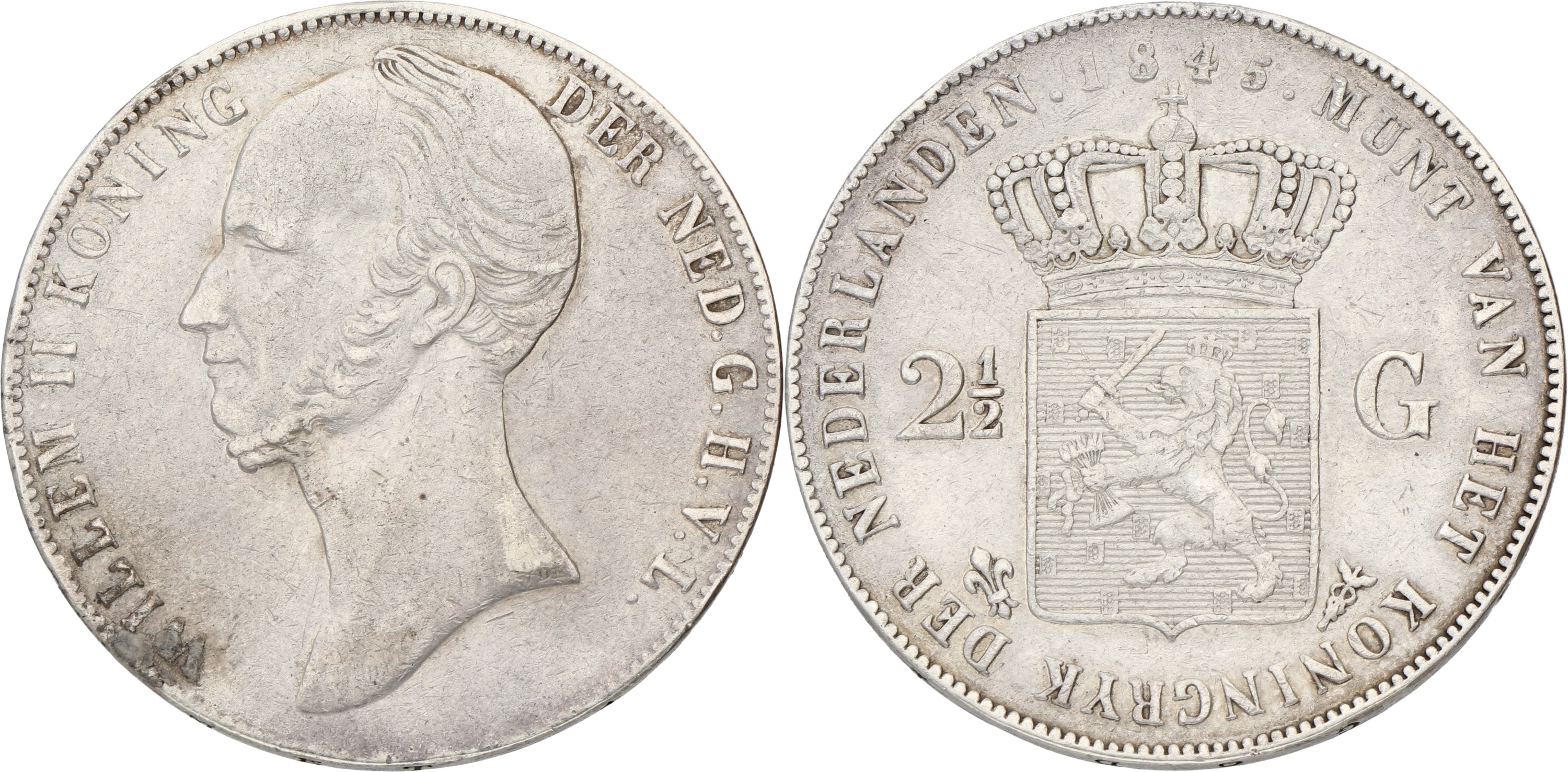 Goudwisselkantoor auction: 2½ Gulden. Willem II. 1845. Without stripe between crown and shield. VF.