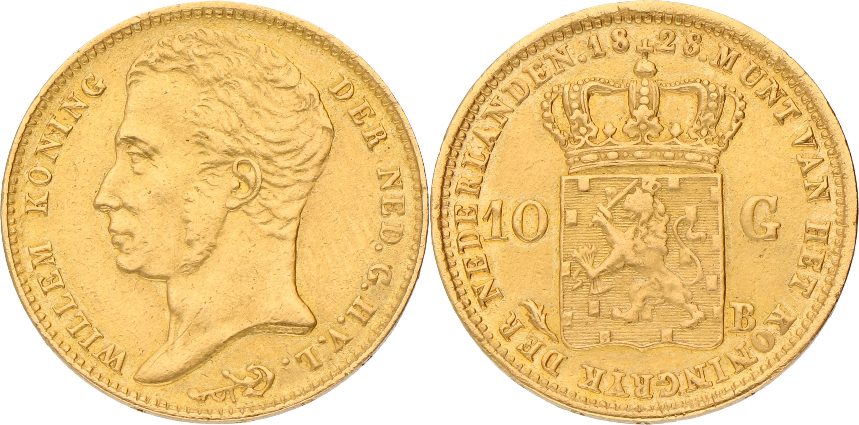 Goudwisselkantoor auction: 10 Gulden. Willem I. 1828 B. VF / XF.