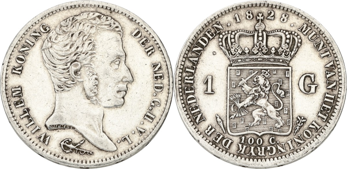 Goudwisselkantoor auction: 1 Gulden. Willem I. 1828U. VF / XF