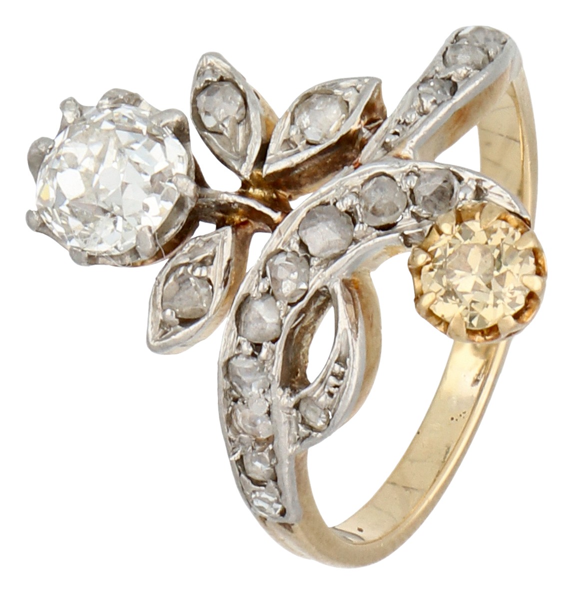 18K geelgouden antieke toi et moi ring met ca. 0.59 ct. diamant