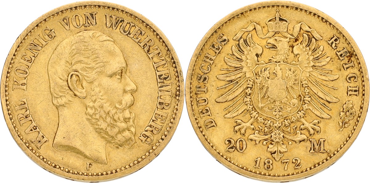 Goudwisselkantoor auction: German states. Württemberg. Karl. 20 Mark. 1872 F. VF