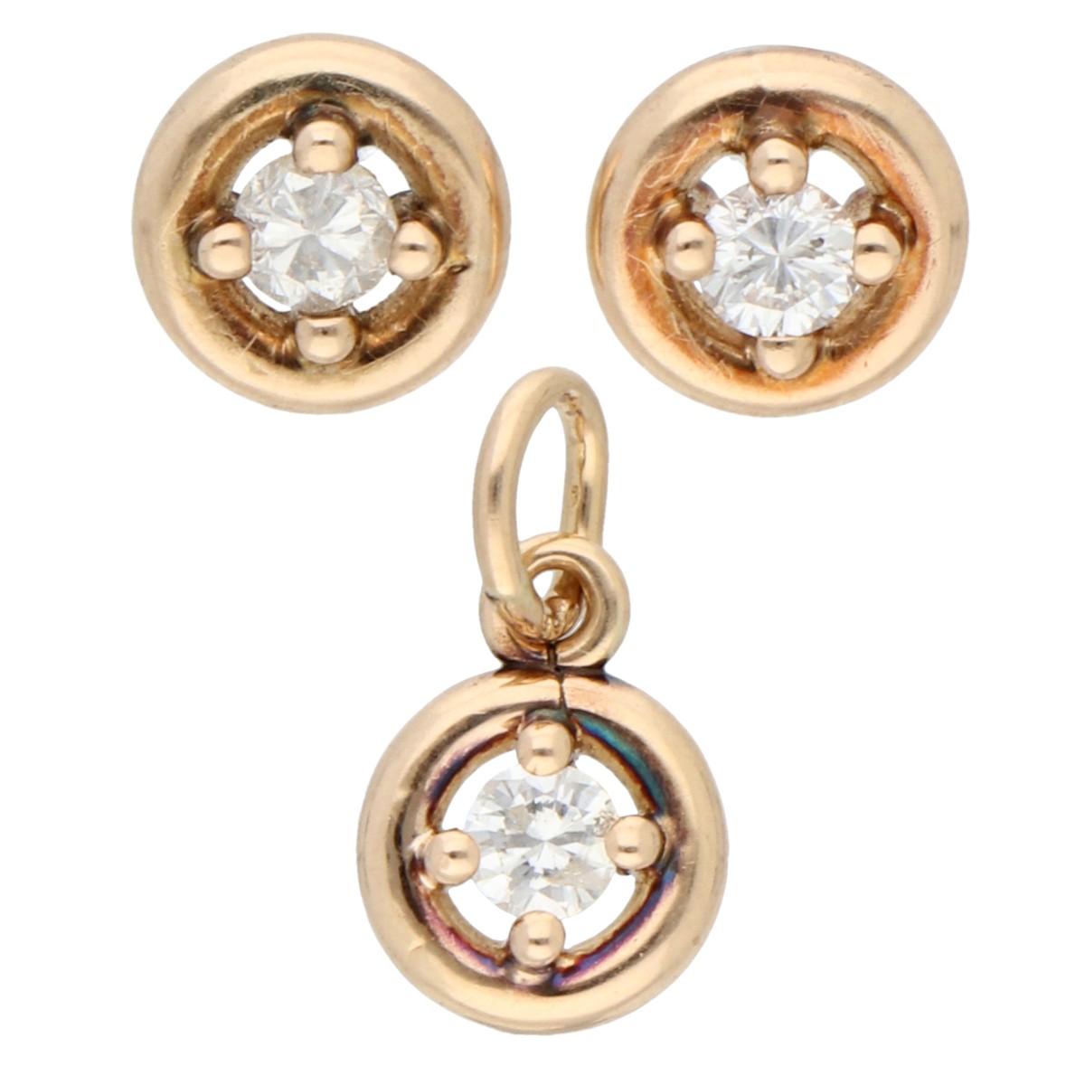 Goudwisselkantoor auction: 14K yellow gold demi-parure, solitaire stud earrings and pendant set with diamonds
