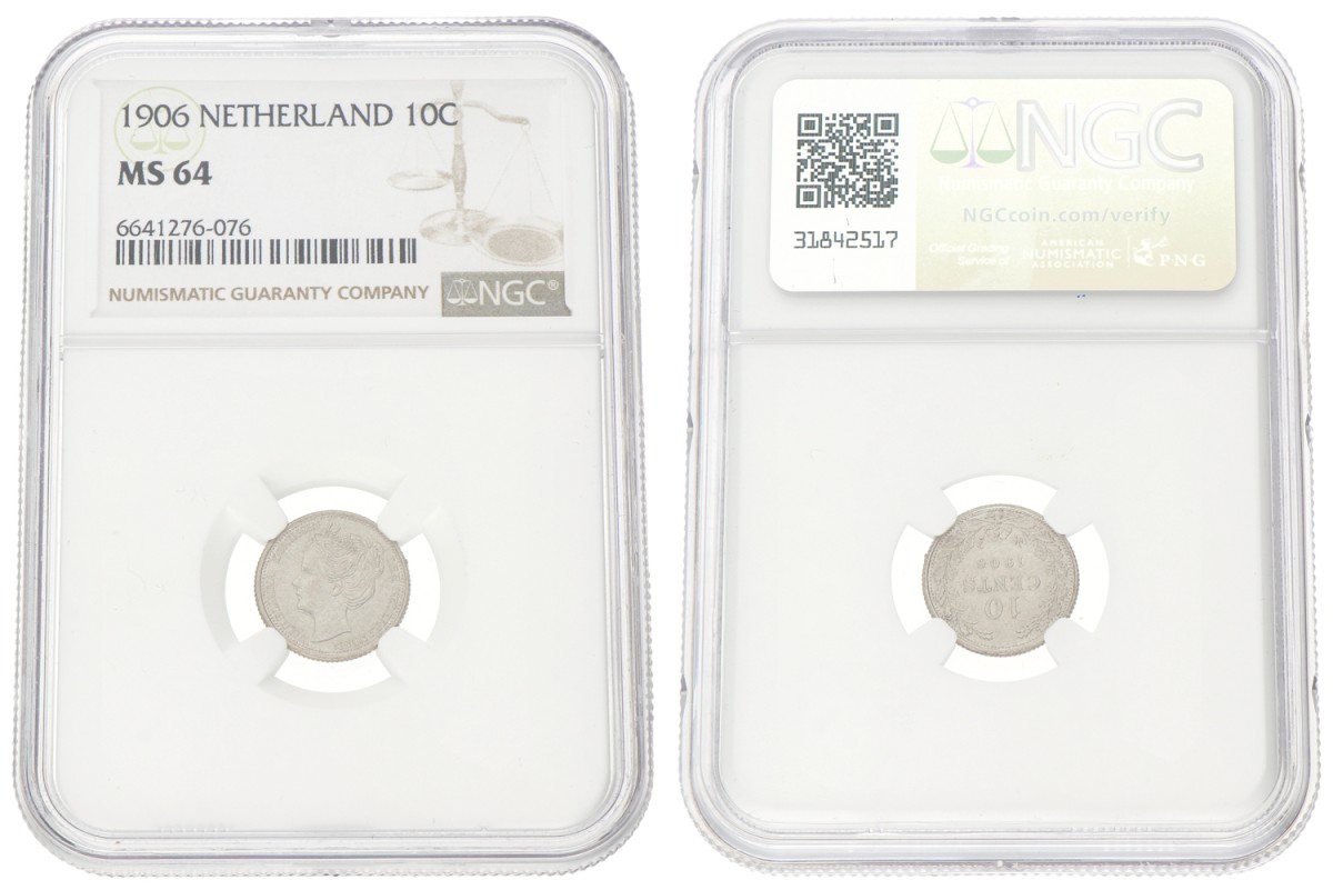 Goudwisselkantoor auction: 10 cent. Wilhelmina. 1906. NGC graded. MS 64
