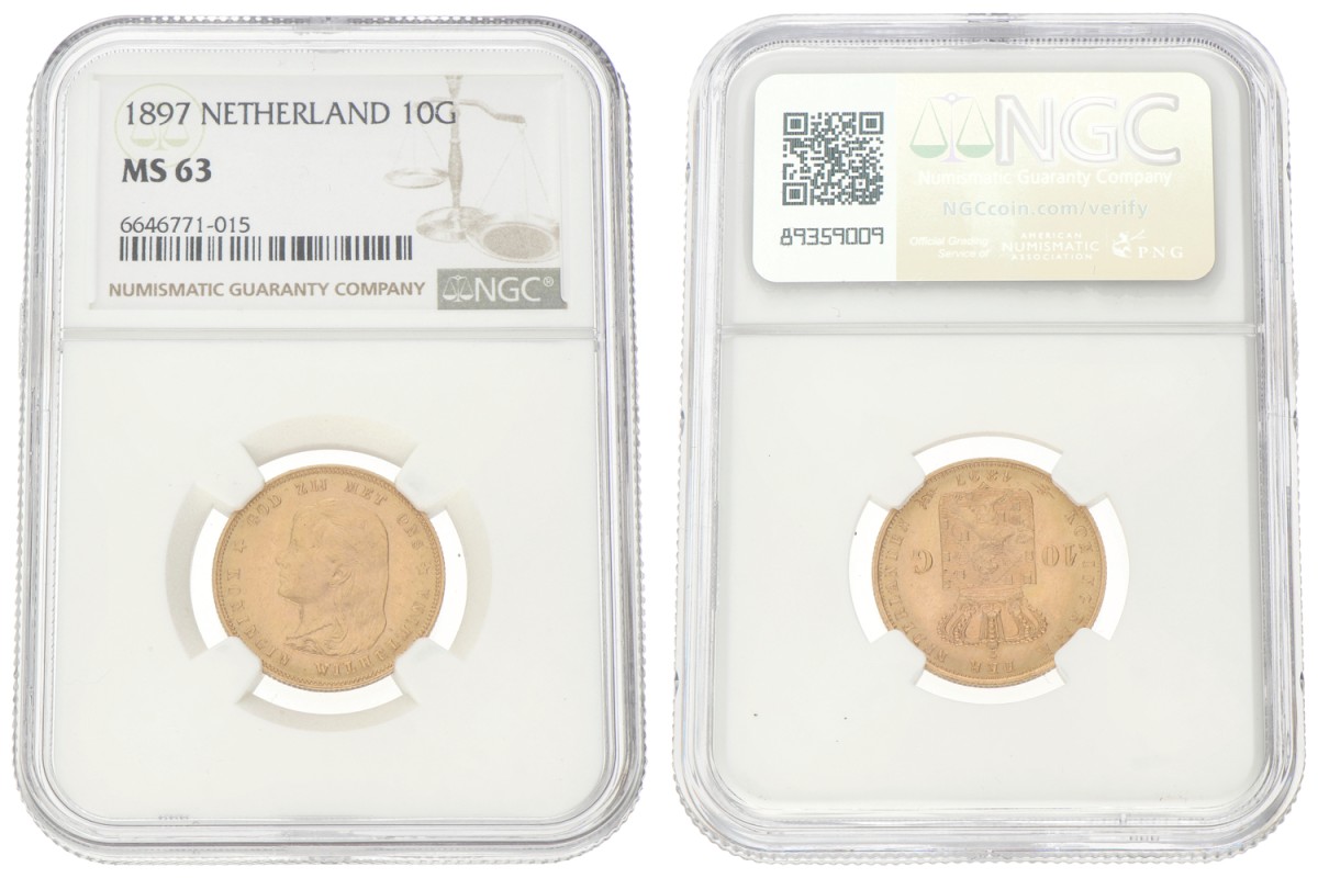 Goudwisselkantoor auction: 10 Gulden. Wilhelmina. 1897. NGC graded. MS 63