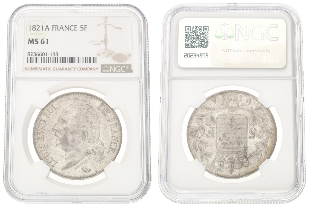 Goudwisselkantoor auction: France. Second kingdom. Louis XVIII. 5 Francs. 1821 A. NGC graded. MS 61