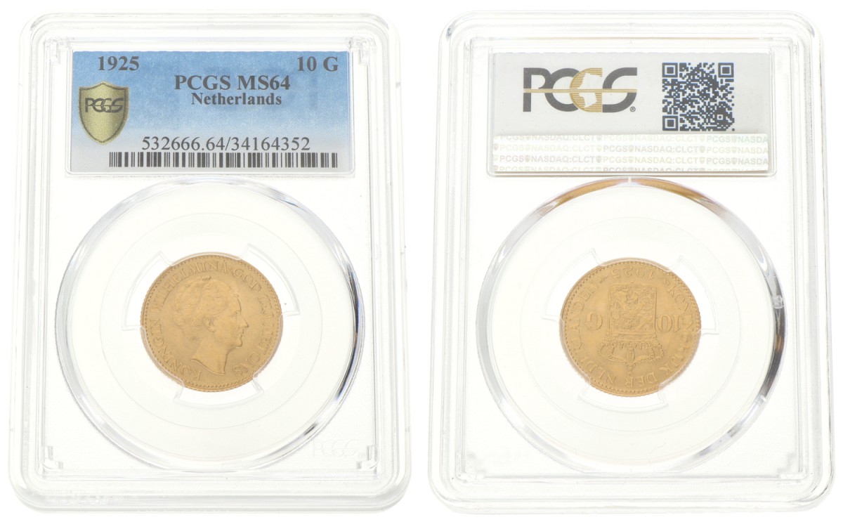 Goudwisselkantoor auction: 10 Gulden. Wilhelmina. 1925. PCGS graded. MS 64