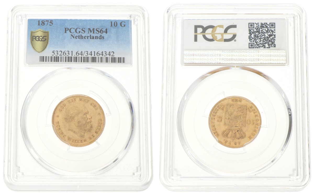 Goudwisselkantoor auction: 10 Gulden. Willem III. 1875. PCGS graded. MS 64
