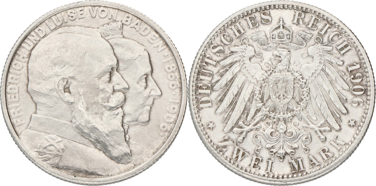 Goudwisselkantoor auction: German states. Baden. Friedrich. 2 Mark - Wedding anniversary. 1906. AUnc