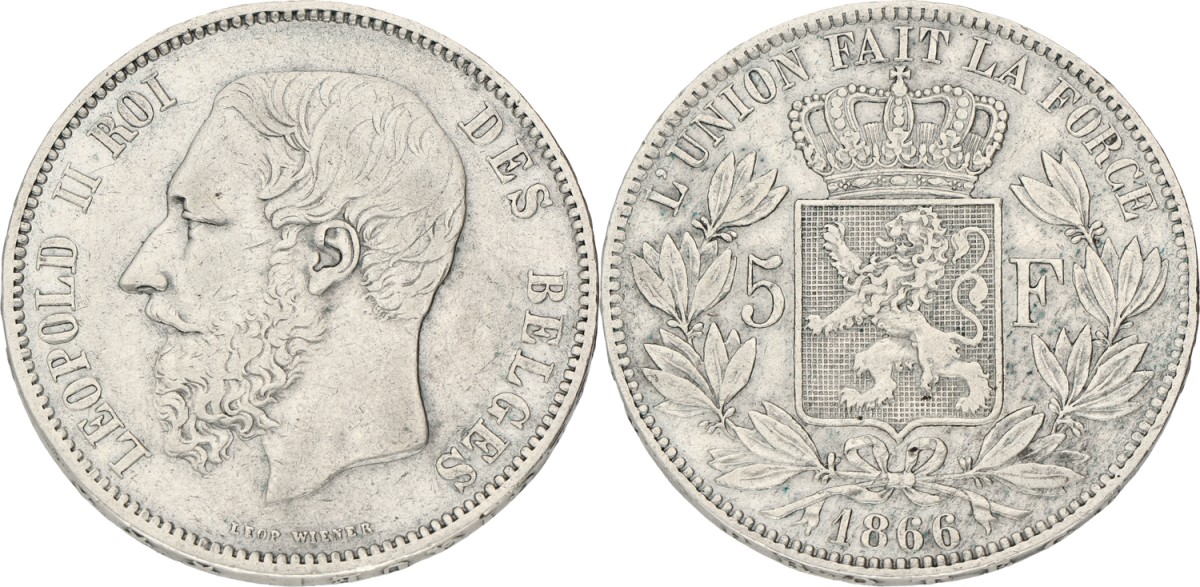 Goudwisselkantoor auction: Belgium. Leopold II. 5 Francs. 1866. VF +.