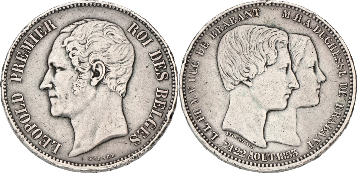 Goudwisselkantoor auction: Belgium. 5 Francs Marriage of the Duke. 21.22 Aout 1853 - dot between date. VF / XF.
