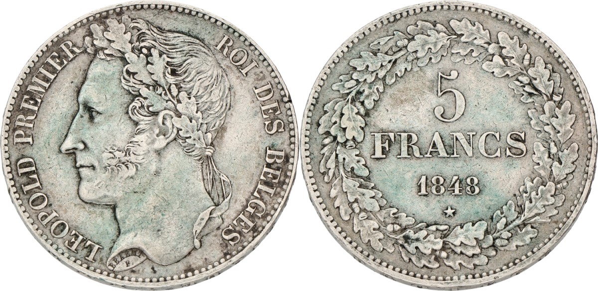 Goudwisselkantoor auction: Belgium. Leopold I. 5 Francs. 1848. VF / XF.