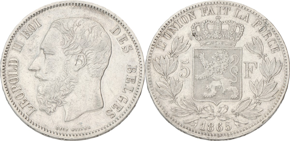 Goudwisselkantoor auction: Belgium. Leopold II. 5 Francs. 1865. Position A. VF / XF.