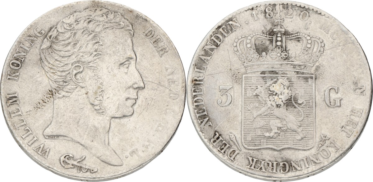 Goudwisselkantoor auction: 3 Gulden. Willem I. 1820. F / VF.