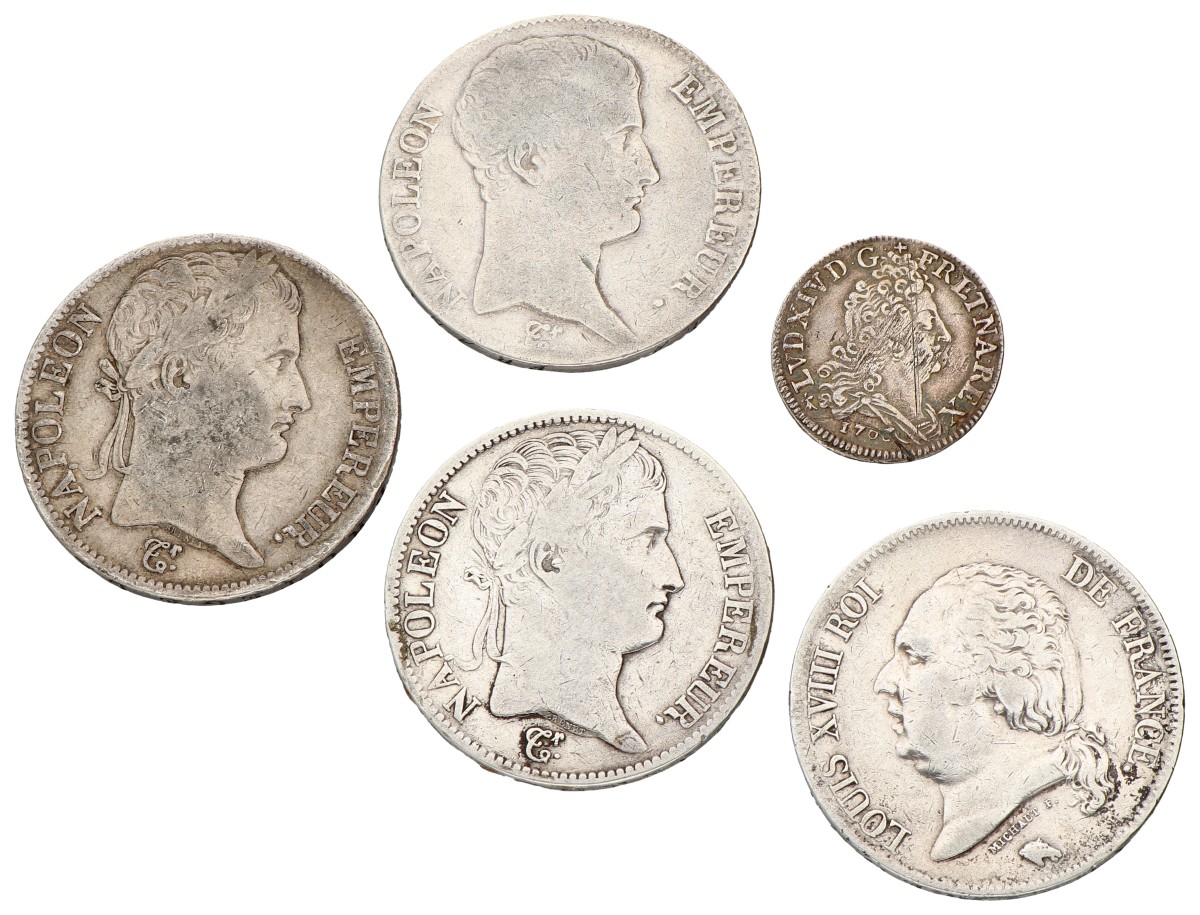 Goudwisselkantoor auction: France. Lot (5) 5 Francs & 10 Sols. 18th & 19th Century. Average VF. Ungraded