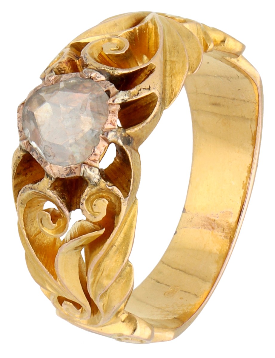 14K geelgouden Art Nouveau ring bezet met roos geslepen diamant