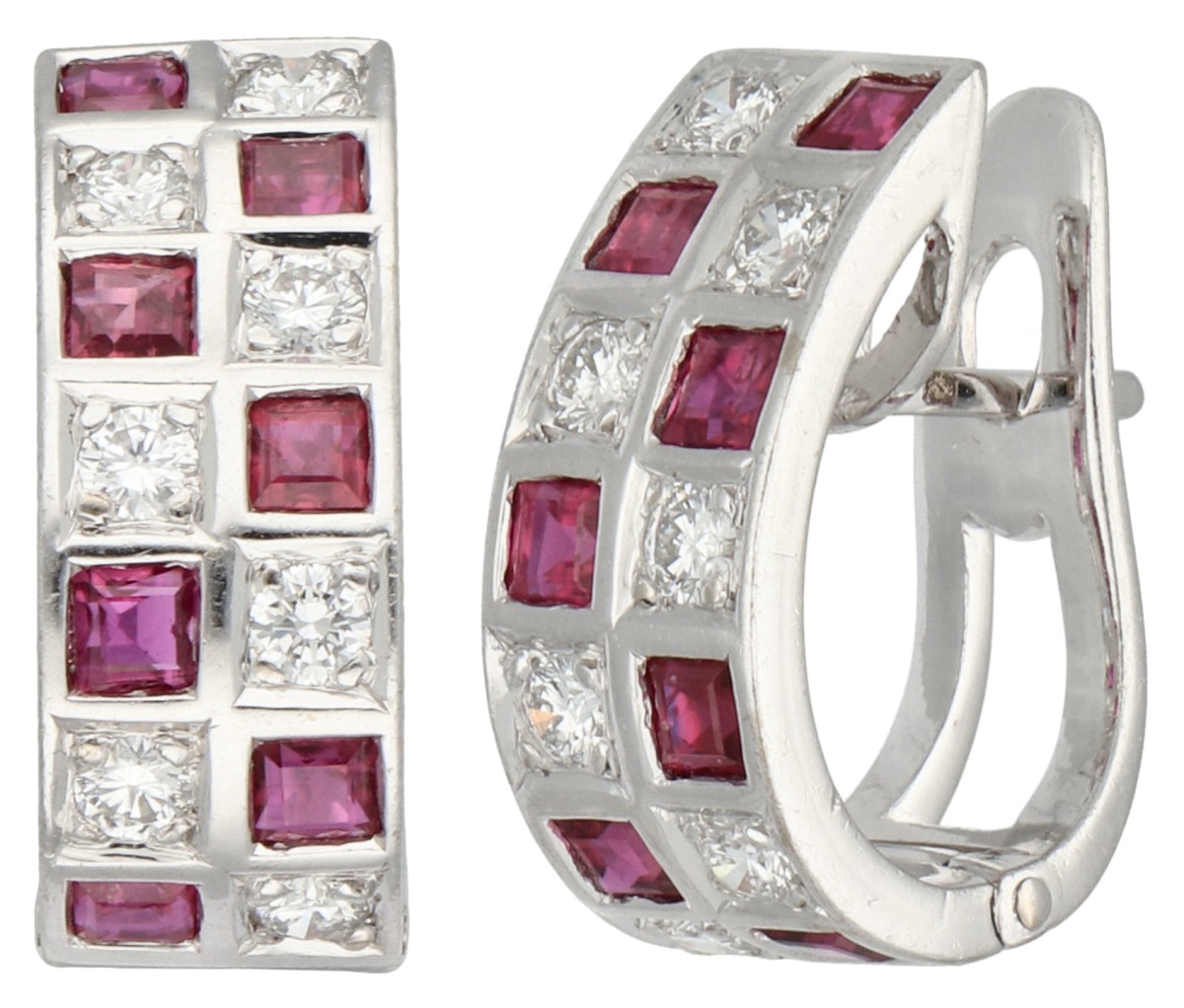 14K Witgouden oorstekers bezet met ca. 1.4 ct. diamant en robijn