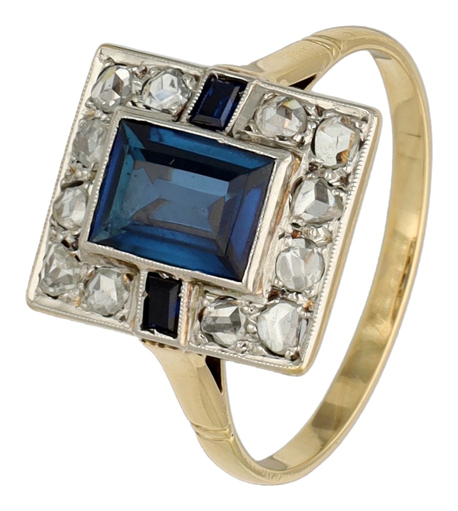 14K geelgouden ring bezet met saffier en roos geslepen diamant